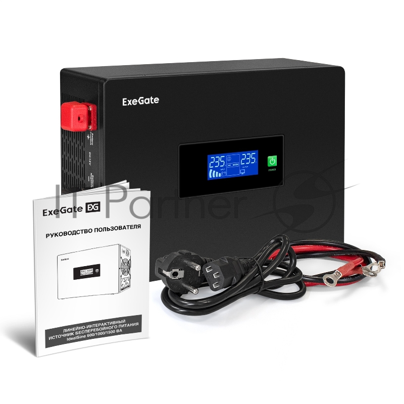 Комплект ИБП EX295994RUS + батарея 26Aч EX282970RUS 2шт (инвертор, синус, для котла, PF=1, настенный) ExeGate IdealSine SR-1500.LCD.2SH <1500VA/1500W, чистая синусоида, цветной LCD-дисплей, 2*Schuko, крепление настенное, Black> + батарея ExeGate DT
