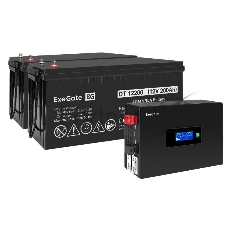 Комплект ИБП EX295994RUS + батарея 200Aч EX282991RUS 2шт (инвертор, синус, для котла, PF=1, настенный) ExeGate IdealSine SR-1500.LCD.2SH <1500VA/1500W, чистая синусоида, цветной LCD-дисплей, 2*Schuko, крепление настенное, Black> + батарея ExeGate DT