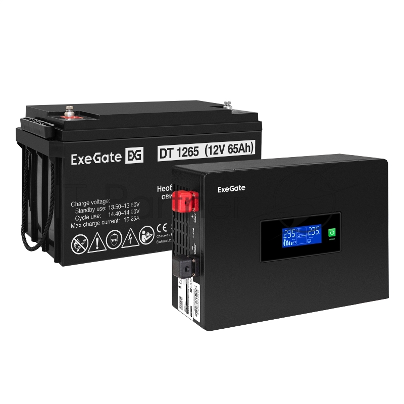 Комплект ИБП EX295993RUS + батарея 65Aч EX282980RUS 1шт (инвертор, синус, для котла, PF=1, настенный) ExeGate IdealSine SR-1000.LCD.2SH <1000VA/1000W, чистая синусоида, цветной LCD-дисплей, 2*Schuko, крепление настенное, Black> + батарея ExeGate DT
