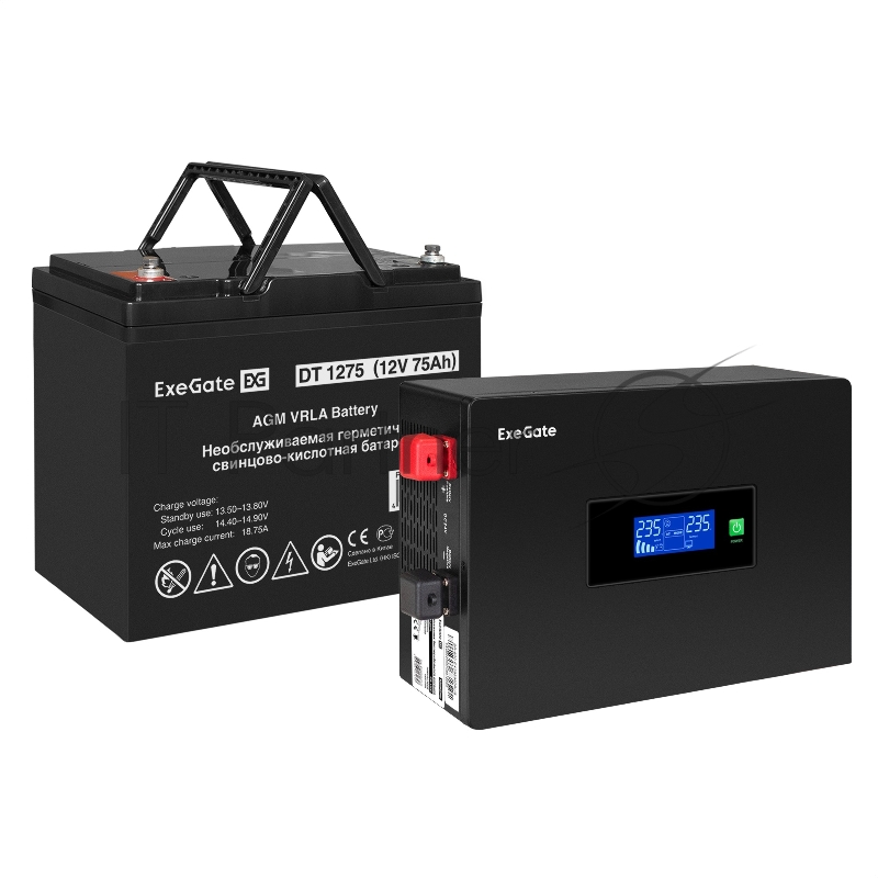 Комплект ИБП EX295993RUS + батарея 75Aч EX282983RUS 1шт (инвертор, синус, для котла, PF=1, настенный) ExeGate IdealSine SR-1000.LCD.2SH <1000VA/1000W, чистая синусоида, цветной LCD-дисплей, 2*Schuko, крепление настенное, Black> + батарея ExeGate DT