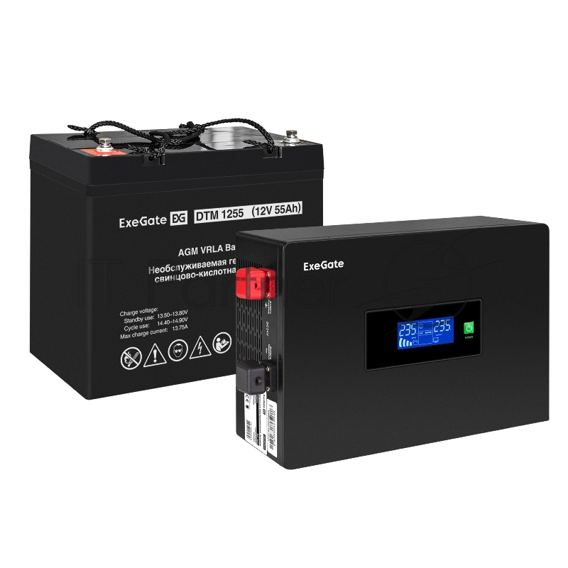 Комплект ИБП EX295993RUS + батарея 55Aч EX285667RUS 1шт (инвертор, синус, для котла, PF=1, настенный) ExeGate IdealSine SR-1000.LCD.2SH <1000VA/1000W, чистая синусоида, цветной LCD-дисплей, 2*Schuko, крепление настенное, Black> + батарея ExeGate DTM