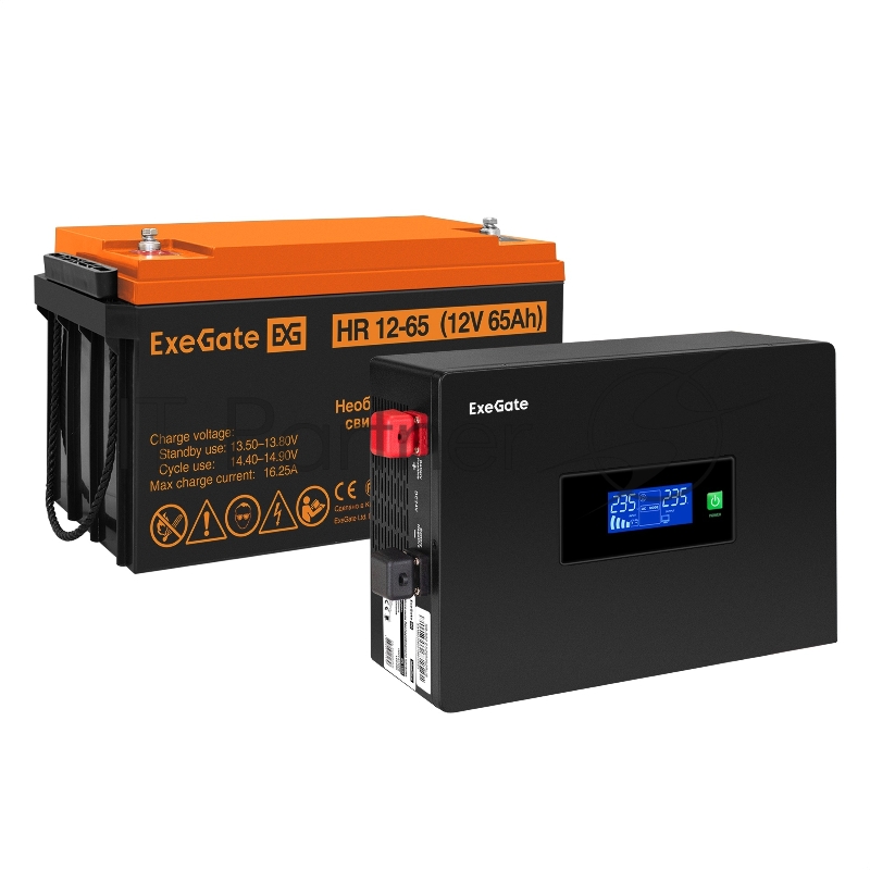 Комплект ИБП EX295992RUS + батарея 65Aч EX282982RUS 1шт (инвертор, синус, для котла, PF=1, настенный) ExeGate IdealSine SR-600.LCD.2SH <600VA/600W, чистая синусоида, цветной LCD-дисплей, 2*Schuko, крепление настенное, Black> + батарея ExeGate HR 12-6