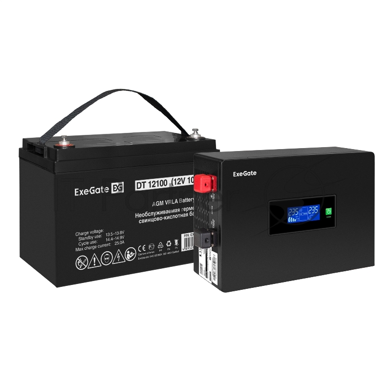 Комплект ИБП EX295993RUS + батарея 100Aч EX282985RUS 1шт (инвертор, синус, для котла, PF=1, настенный) ExeGate IdealSine SR-1000.LCD.2SH <1000VA/1000W, чистая синусоида, цветной LCD-дисплей, 2*Schuko, крепление настенное, Black> + батарея ExeGate DT