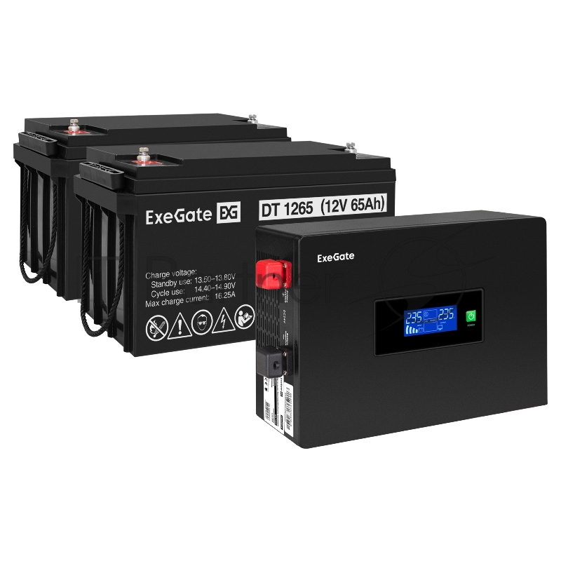 Комплект ИБП EX295994RUS + батарея 65Aч EX282980RUS 2шт (инвертор, синус, для котла, PF=1, настенный) ExeGate IdealSine SR-1500.LCD.2SH <1500VA/1500W, чистая синусоида, цветной LCD-дисплей, 2*Schuko, крепление настенное, Black> + батарея ExeGate DT
