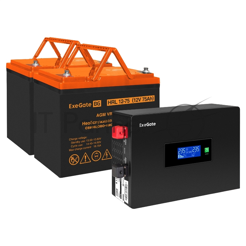 Комплект ИБП EX295994RUS + батарея 75Aч EX285653RUS 2шт (инвертор, синус, для котла, PF=1, настенный) ExeGate IdealSine SR-1500.LCD.2SH <1500VA/1500W, чистая синусоида, цветной LCD-дисплей, 2*Schuko, крепление настенное, Black> + батарея ExeGate HRL