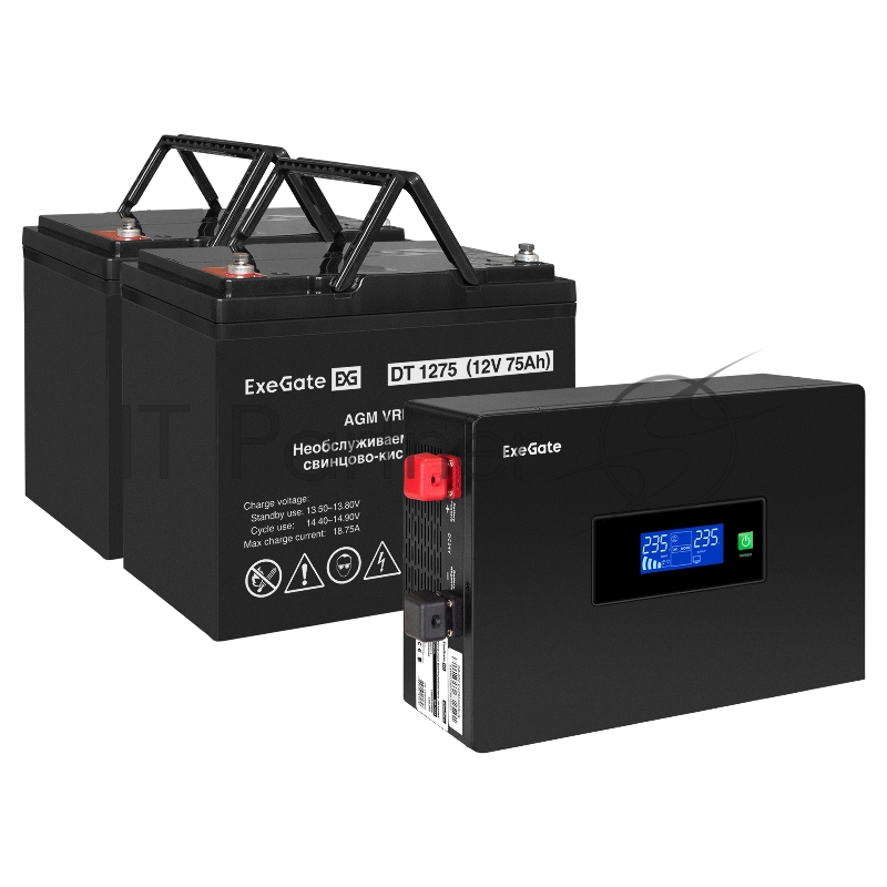 Комплект ИБП EX295994RUS + батарея 75Aч EX282983RUS 2шт (инвертор, синус, для котла, PF=1, настенный) ExeGate IdealSine SR-1500.LCD.2SH <1500VA/1500W, чистая синусоида, цветной LCD-дисплей, 2*Schuko, крепление настенное, Black> + батарея ExeGate DT