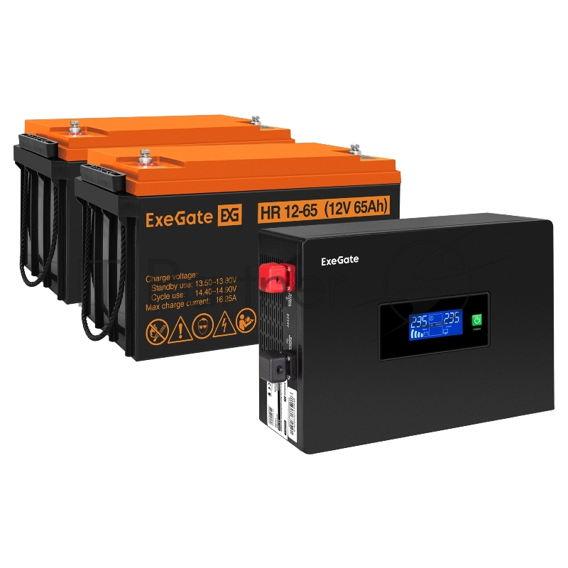 Комплект ИБП EX295994RUS + батарея 65Aч EX282982RUS 2шт (инвертор, синус, для котла, PF=1, настенный) ExeGate IdealSine SR-1500.LCD.2SH <1500VA/1500W, чистая синусоида, цветной LCD-дисплей, 2*Schuko, крепление настенное, Black> + батарея ExeGate HR