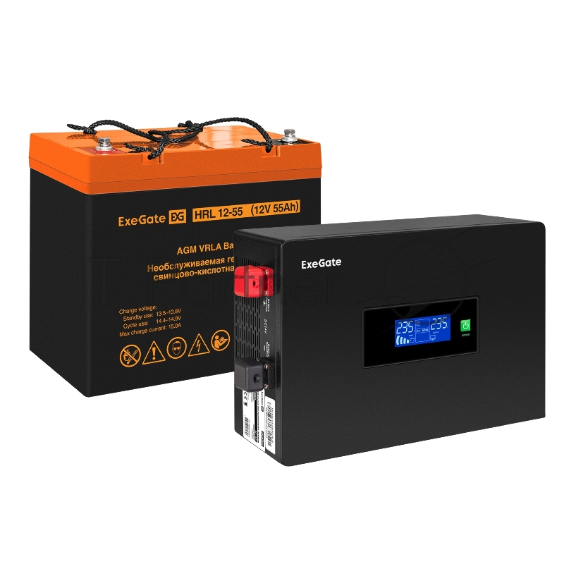 Комплект ИБП EX295993RUS + батарея 55Aч EX285652RUS 1шт (инвертор, синус, для котла, PF=1, настенный) ExeGate IdealSine SR-1000.LCD.2SH <1000VA/1000W, чистая синусоида, цветной LCD-дисплей, 2*Schuko, крепление настенное, Black> + батарея ExeGate HRL