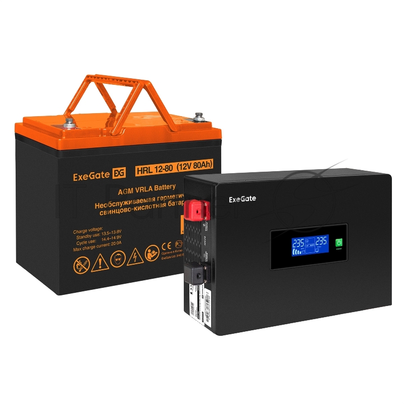 Комплект ИБП EX295992RUS + батарея 80Aч EX285654RUS 1шт (инвертор, синус, для котла, PF=1, настенный) ExeGate IdealSine SR-600.LCD.2SH <600VA/600W, чистая синусоида, цветной LCD-дисплей, 2*Schuko, крепление настенное, Black> + батарея ExeGate HRL 12-