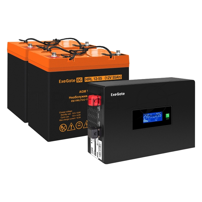 Комплект ИБП EX295994RUS + батарея 55Aч EX285652RUS 2шт (инвертор, синус, для котла, PF=1, настенный) ExeGate IdealSine SR-1500.LCD.2SH <1500VA/1500W, чистая синусоида, цветной LCD-дисплей, 2*Schuko, крепление настенное, Black> + батарея ExeGate HRL