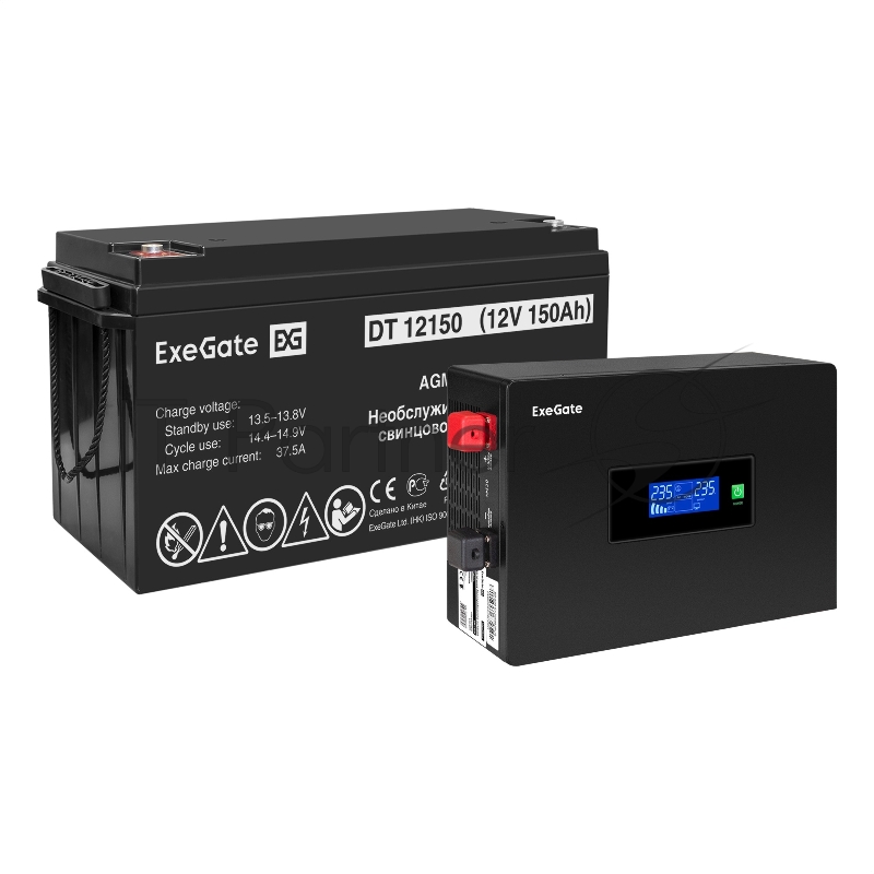 Комплект ИБП EX295993RUS + батарея 150Aч EX282990RUS 1шт (инвертор, синус, для котла, PF=1, настенный) ExeGate IdealSine SR-1000.LCD.2SH <1000VA/1000W, чистая синусоида, цветной LCD-дисплей, 2*Schuko, крепление настенное, Black> + батарея ExeGate DT