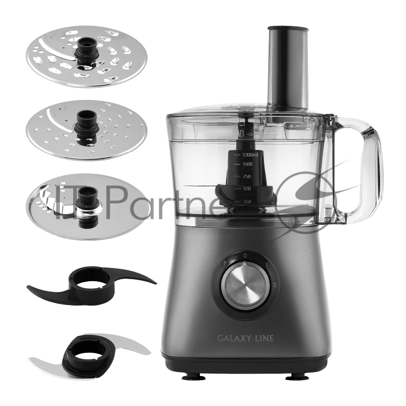 Кухонный комбайн GALAXY LINE GL 2314, серый, 1,2 л, 1000 Вт, 2 скорости, импульсный режим, двусторонний диск-нож для крупной нарезки и шинковки, двусторонний диск-нож для мелкой нарезки и шинковки, диск-нож для нарезки картофеля фри, нож для измельче