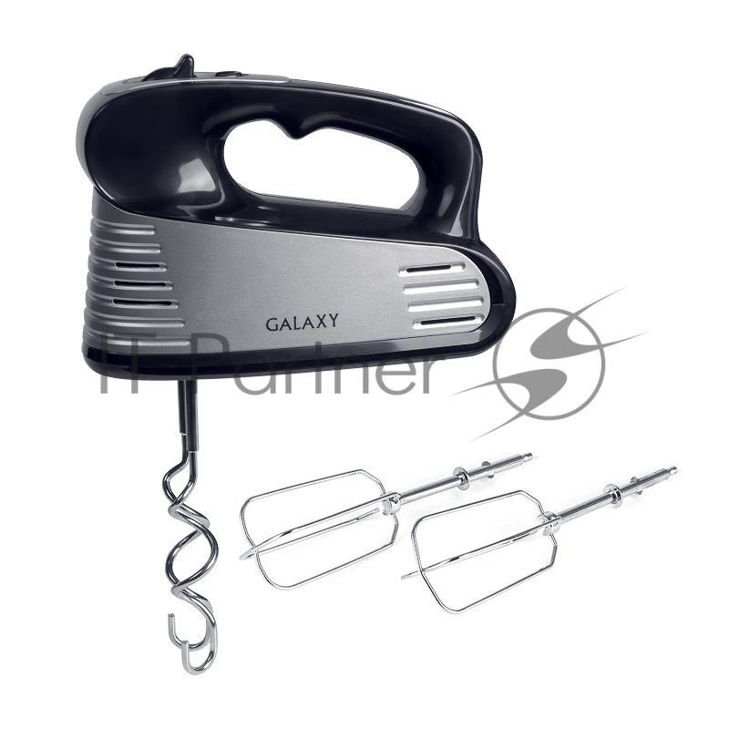 Миксер электрический GALAXY GL 2208, черный с серебристым, ручной, 250 Вт, 5 скоростей + режим ТУРБО, 2 насадки-венчика, 2 насадки для замешивания теста, кнопка для извлечения насадок, книга рецептов