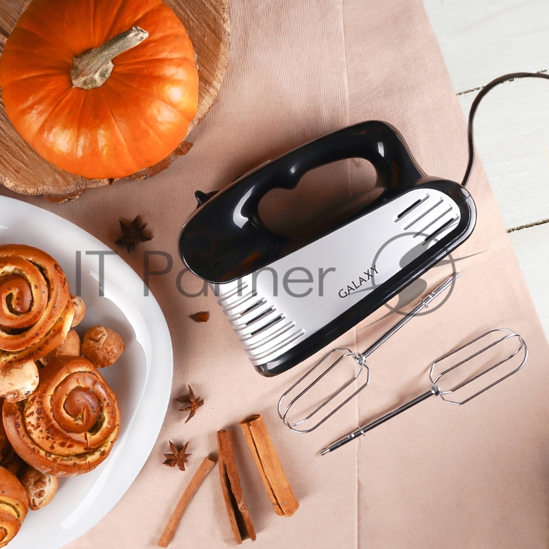 Миксер электрический GALAXY GL 2208, черный с серебристым, ручной, 250 Вт, 5 скоростей + режим ТУРБО, 2 насадки-венчика, 2 насадки для замешивания теста, кнопка для извлечения насадок, книга рецептов