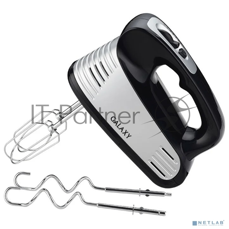 Миксер электрический GALAXY GL 2208, черный с серебристым, ручной, 250 Вт, 5 скоростей + режим ТУРБО, 2 насадки-венчика, 2 насадки для замешивания теста, кнопка для извлечения насадок, книга рецептов