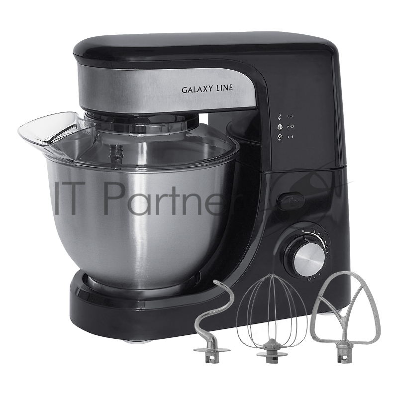 Миксер GALAXY LINE GL 2231, черный, планетарный, 700 Вт, 12 скоростей, большая чаша из нерж. стали 4 л, 3 сменные насадки: насадка-венчик из нерж. стали AISI 304 для взбивания, насадка из литого алюминия для перемешивания ингредиентов, насадка из лит
