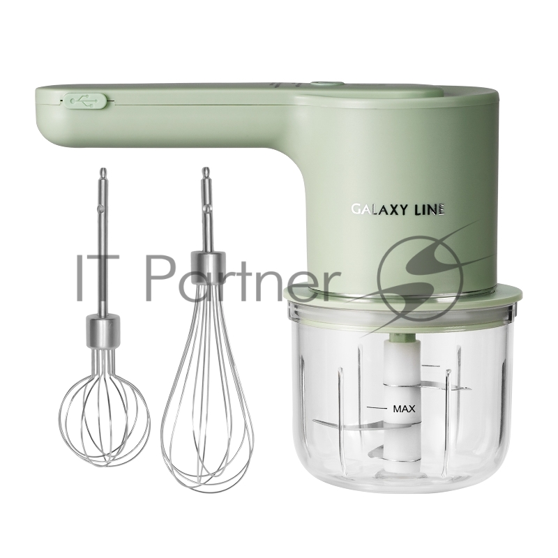 Миксер аккумуляторный GALAXY LINE GL 2234, зеленый, ручной, 50 Вт, трехлопастный нож из нерж. стали, 5 скоростей, 3 насадки: насадка-венчик, насадка для взбивания крема, насадка-измельчитель пластик. чаша 300 мл, аккумулятор Li-ion 1500 мА•ч, напряже