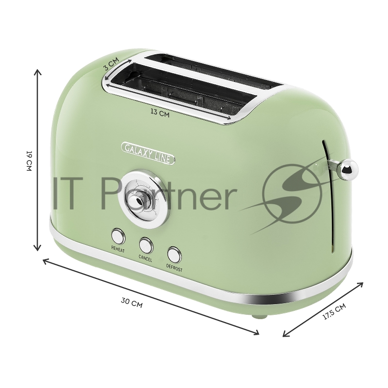 Тостер электрический GALAXY LINE GL 2911, райская олива, металл, 900 Вт, 6 степеней поджарки, функция подогрева, функция разморозки, автомат. центрирование тостов, автоотк. при перегреве, кнопка отмены пригот., съемный поддон для крошек