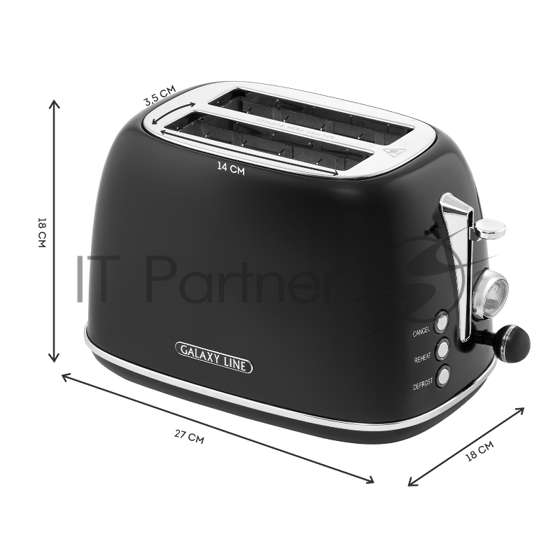 Тостер электрический GALAXY LINE GL 2920, магия черного, металл, 900 Вт, 6 степеней поджарки, метал. корпус, функция подогрева, функция разморозки, автомат. центрирование тостов, автоотключение при перегреве, кнопка отмены приг., съемный поддон для к