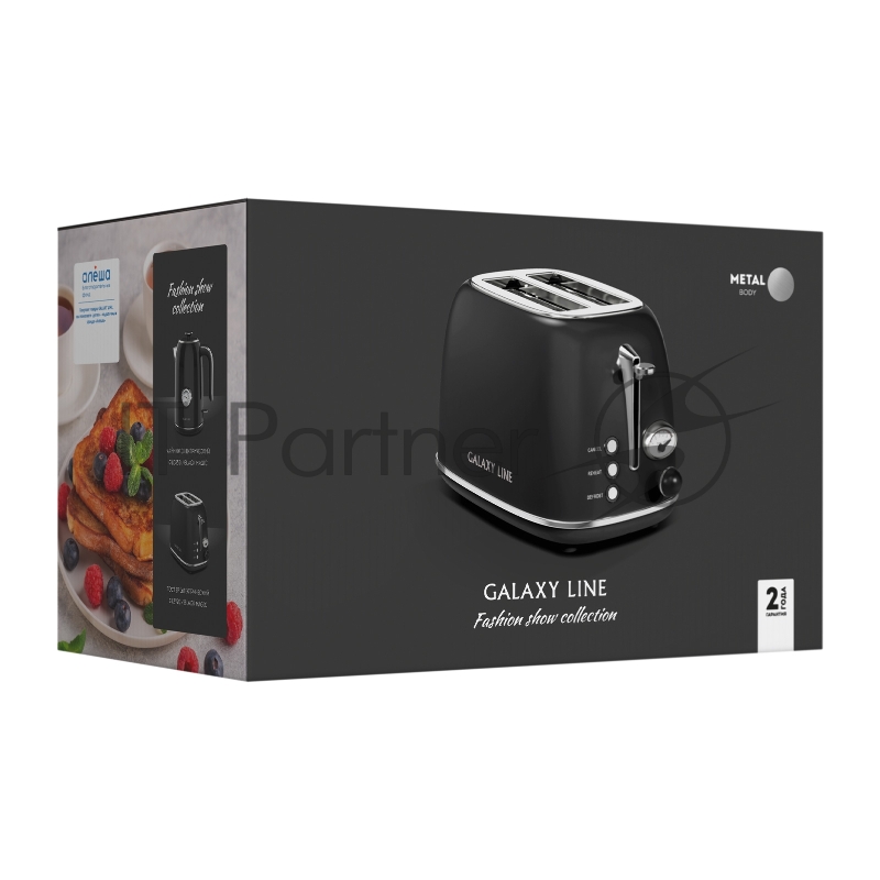 Тостер электрический GALAXY LINE GL 2920, магия черного, металл, 900 Вт, 6 степеней поджарки, метал. корпус, функция подогрева, функция разморозки, автомат. центрирование тостов, автоотключение при перегреве, кнопка отмены приг., съемный поддон для к