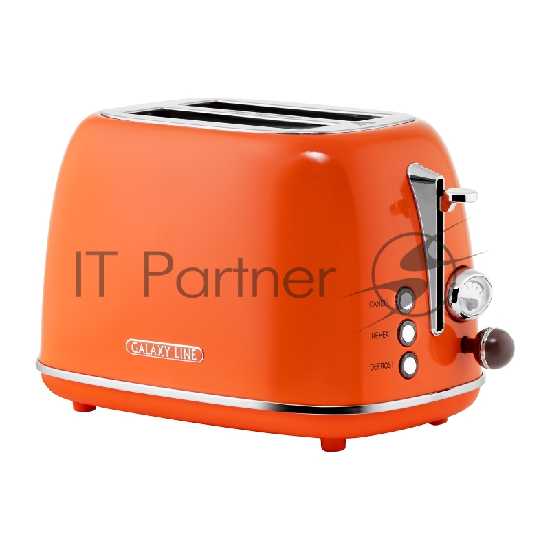 Тостер электрический GALAXY LINE GL 2921, апельсиновый фреш, металл, 900 Вт, 6 степеней поджарки, функция подогрева, функция разморозки, автомат. центрирование тостов, автоотк. при перегреве, кнопка отмены приг., съемный поддон для крошек