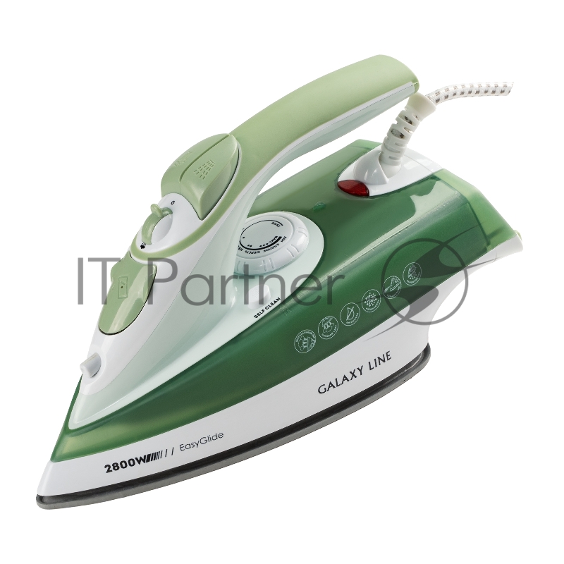 Утюг GALAXY LINE GL 6134, зеленый с белым, паровой, 2800 Вт, керамическое покрытие EasyGlide, функции: самоочистка, антикапля, антинакипь, указатель максимального уровня воды, индикатор нагрева, вертикальное отпаривание, паровой удар, регулировка под