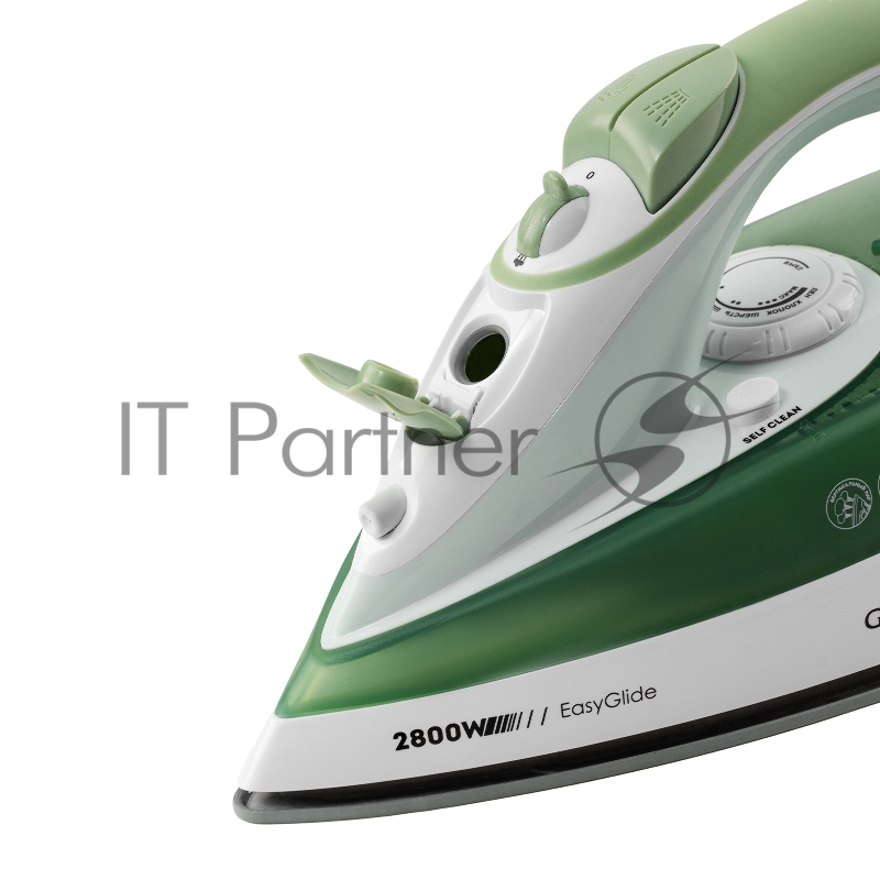 Утюг GALAXY LINE GL 6134, зеленый с белым, паровой, 2800 Вт, керамическое покрытие EasyGlide, функции: самоочистка, антикапля, антинакипь, указатель максимального уровня воды, индикатор нагрева, вертикальное отпаривание, паровой удар, регулировка под