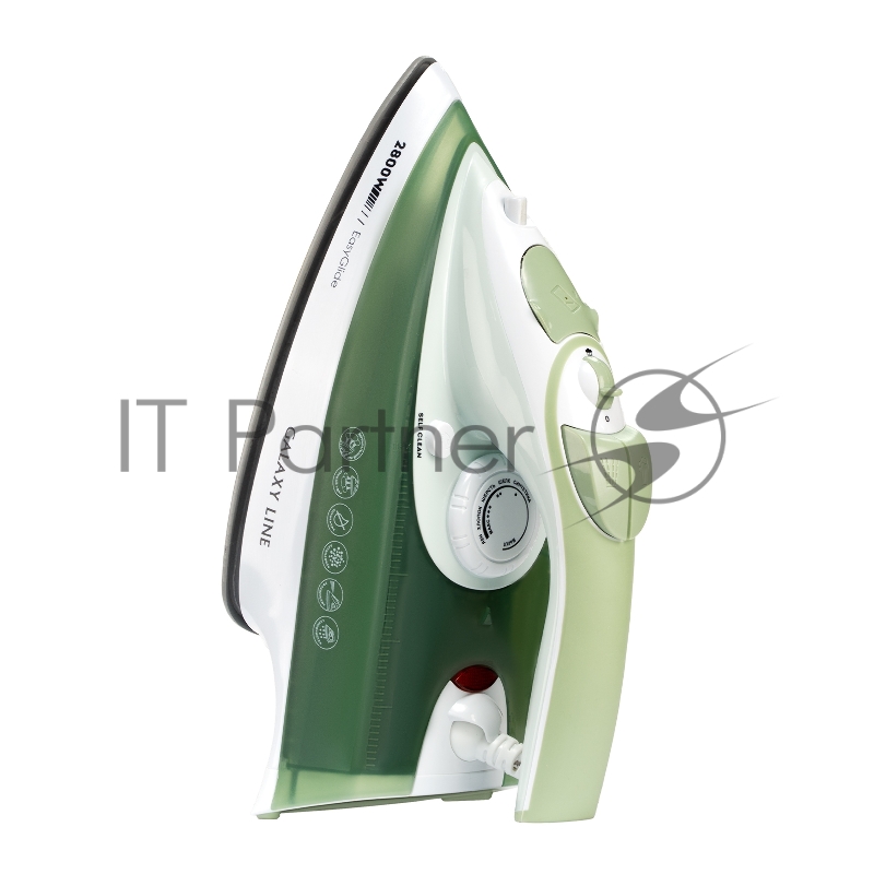 Утюг GALAXY LINE GL 6134, зеленый с белым, паровой, 2800 Вт, керамическое покрытие EasyGlide, функции: самоочистка, антикапля, антинакипь, указатель максимального уровня воды, индикатор нагрева, вертикальное отпаривание, паровой удар, регулировка под