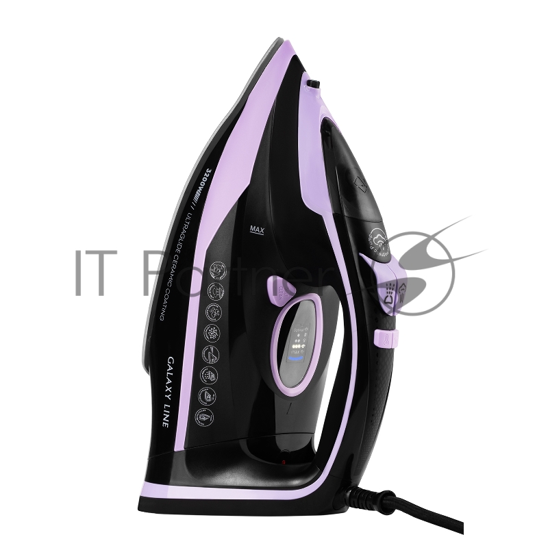 Утюг GALAXY LINE GL 6135, черный с лиловым, паровой с помпой, 3200 Вт, постоянный пар 90 г/мин, паровой удар 260 г/мин, функции: самоочистка, антинакипь, автоотключение, вертикальное отпаривание, LED-дисплей, встроеный парогенератор, защита от перегр