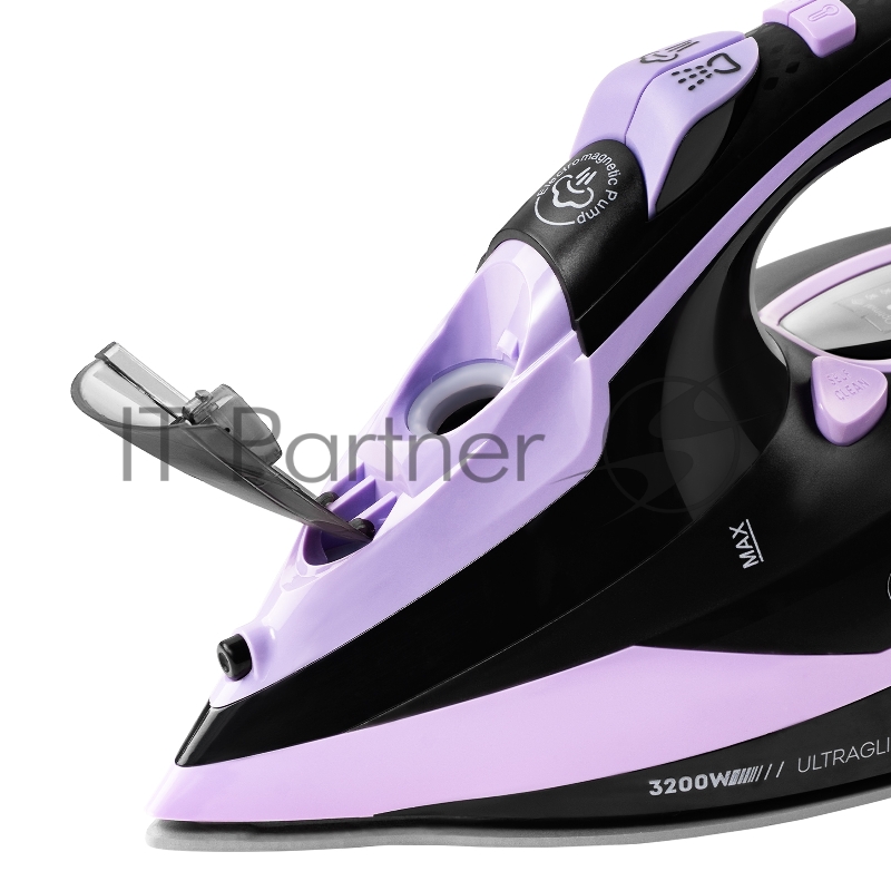 Утюг GALAXY LINE GL 6135, черный с лиловым, паровой с помпой, 3200 Вт, постоянный пар 90 г/мин, паровой удар 260 г/мин, функции: самоочистка, антинакипь, автоотключение, вертикальное отпаривание, LED-дисплей, встроеный парогенератор, защита от перегр