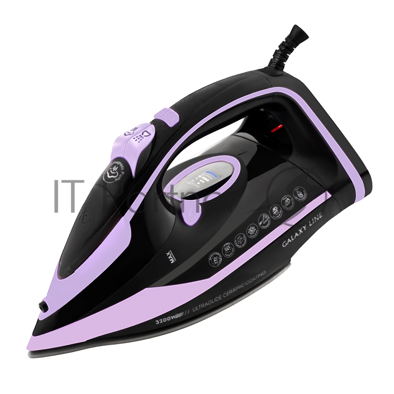 Утюг GALAXY LINE GL 6135, черный с лиловым, паровой с помпой, 3200 Вт, постоянный пар 90 г/мин, паровой удар 260 г/мин, функции: самоочистка, антинакипь, автоотключение, вертикальное отпаривание, LED-дисплей, встроеный парогенератор, защита от перегр