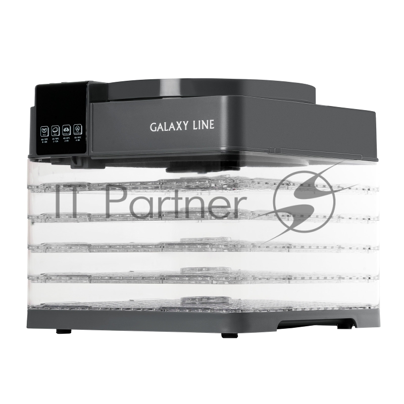 Электросушилка для овощей и фруктов GALAXY LINE GL 2630, серый, с электронным управлением, 450 Вт, размер поддона 26.5*26.5 см, регулировка температуры 35-70 °С, LED-дисплей, таймер на 48 часов с шагом 30 мин, конвекция, защита от перегрева, 5 прозра