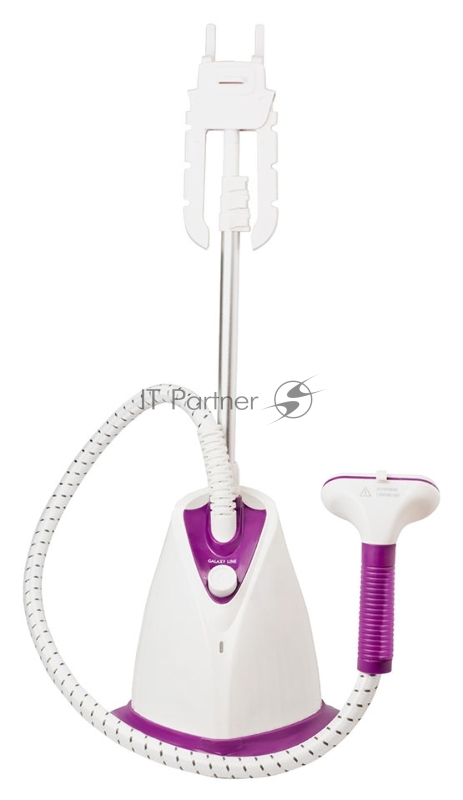Отпариватель GALAXY LINE GL 6211, белый с фиолетовым, стационарный, 2000 Вт, объем контейнера для воды 1,7 л, 3 режима отпаривания, время нагрева до 50 с, время непрерывной работы 46±5 мин, выход пара 35±5 г/мин, температура пара 98 °С, автоотключени