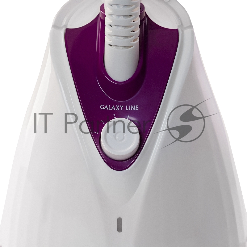 Отпариватель GALAXY LINE GL 6211, белый с фиолетовым, стационарный, 2000 Вт, объем контейнера для воды 1,7 л, 3 режима отпаривания, время нагрева до 50 с, время непрерывной работы 46±5 мин, выход пара 35±5 г/мин, температура пара 98 °С, автоотключени