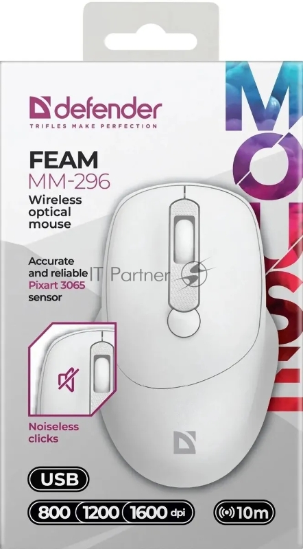 Беспроводная мышь Defender Feam MM-296 white (USB, 3 кнопки, оптическая, 1600dpi) (52297)