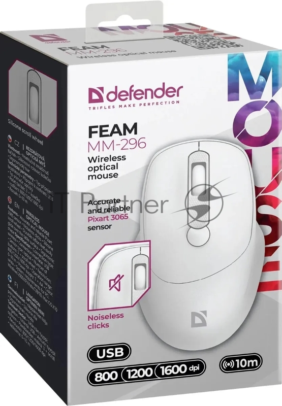 Беспроводная мышь Defender Feam MM-296 white (USB, 3 кнопки, оптическая, 1600dpi) (52297)