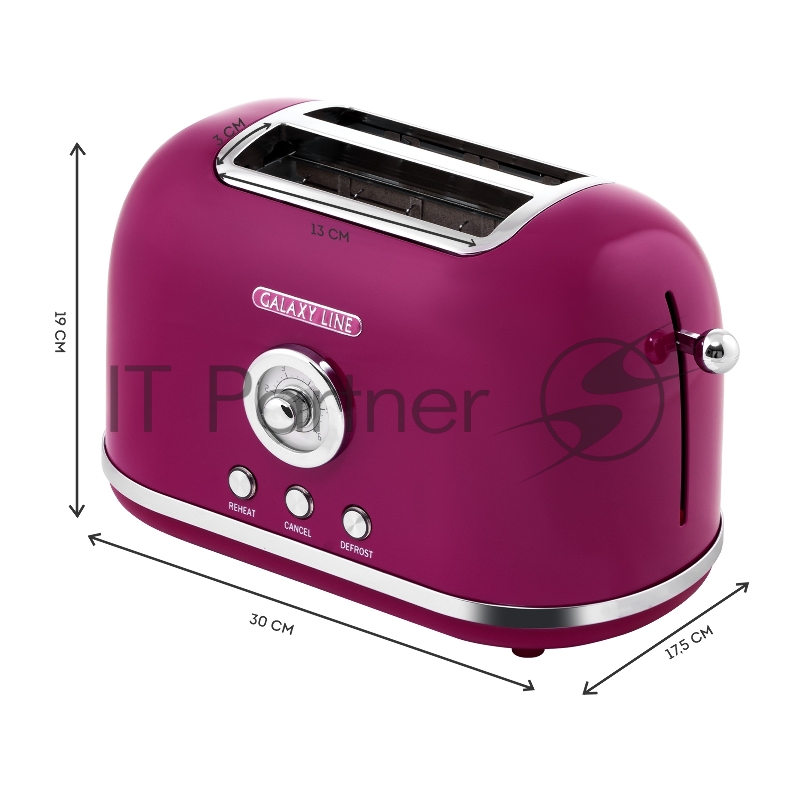 Тостер электрический GALAXY LINE GL 2916, малиновый джем, металл, 900 Вт, 6 степеней поджарки, функция подогрева, функция разморозки, автомат. центрирование тостов, автоотключение при перегреве, кнопка отмены приг., съемный поддон для крошек