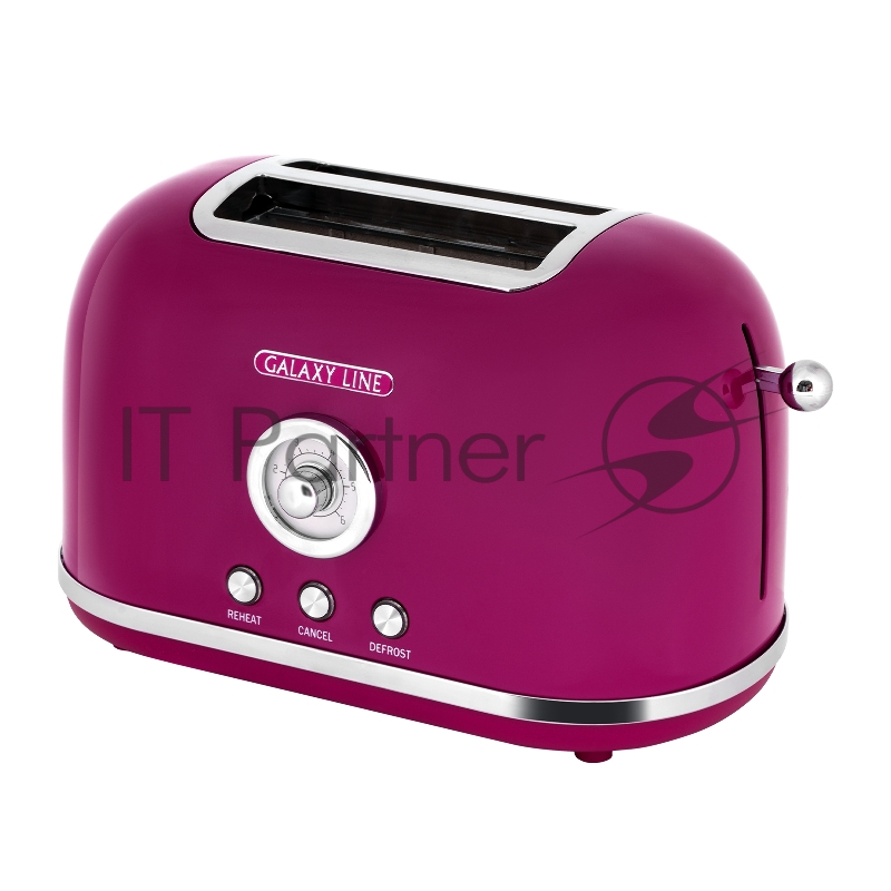Тостер электрический GALAXY LINE GL 2916, малиновый джем, металл, 900 Вт, 6 степеней поджарки, функция подогрева, функция разморозки, автомат. центрирование тостов, автоотключение при перегреве, кнопка отмены приг., съемный поддон для крошек