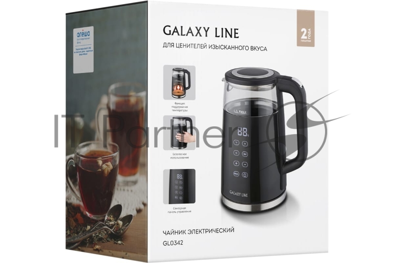 Чайник электрический GALAXY LINE GL 0342, черный, стекло, 2200 Вт, 1,7 л, LED-дисплей, сенсорная панель управления, регулировка температуры от 40 до 100°С, 4 режима кипячения, функция поддержания температуры, колба из термостойкого стекла и пластик с