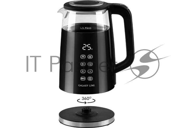 Чайник электрический GALAXY LINE GL 0342, черный, стекло, 2200 Вт, 1,7 л, LED-дисплей, сенсорная панель управления, регулировка температуры от 40 до 100°С, 4 режима кипячения, функция поддержания температуры, колба из термостойкого стекла и пластик с