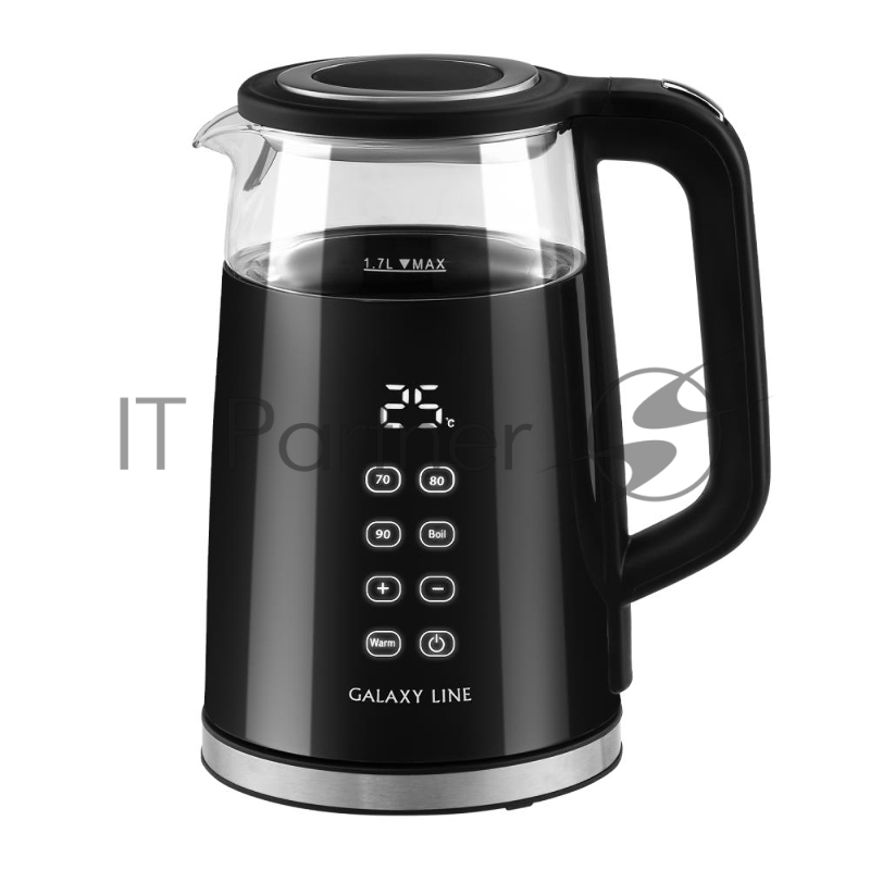 Чайник электрический GALAXY LINE GL 0342, черный, стекло, 2200 Вт, 1,7 л, LED-дисплей, сенсорная панель управления, регулировка температуры от 40 до 100°С, 4 режима кипячения, функция поддержания температуры, колба из термостойкого стекла и пластик с