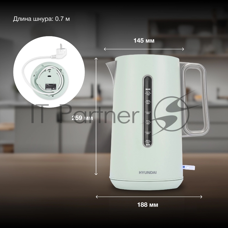 Чайник электрический Hyundai HYK-S9999 1.7л. 2200Вт светло-зеленый/серебристый корпус: металл