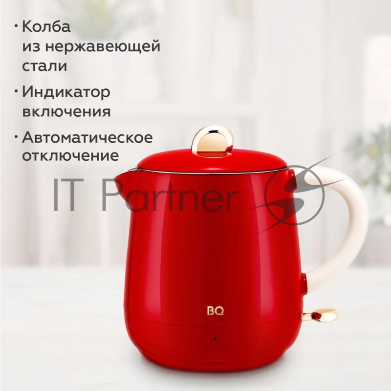 Чайник BQ KT1717P Red. Мощность:1000 Вт/Объем 0,6л/ Двухслойный корпус, внутренная колба из нержавеющей стали препятствует соприкоснавению пластика с кипящей водой, внешняя поверхность выполнена из высококачественного пластика - корпус не нагревается