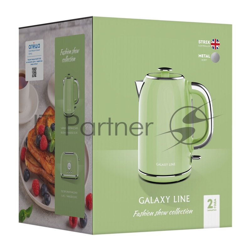 Чайник электрический GALAXY LINE GL 0344, райская олива, металл, 2200 Вт, 1,7 л, корпус из нержавеющей стали AISI 304, STRIX контроллер, шкала уровня воды