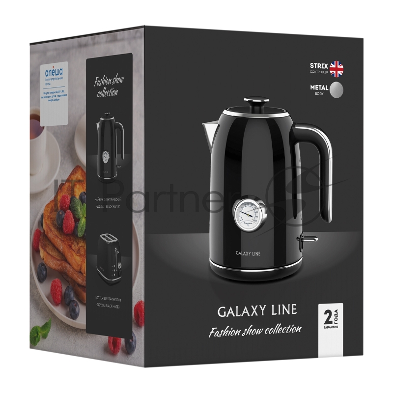 Чайник электрический GALAXY LINE GL 0350, магия черного, металл, 2200 Вт, 1,7 л, корпус из нерж. стали AISI 304, STRIX контроллер, термометр, шкала уровня воды