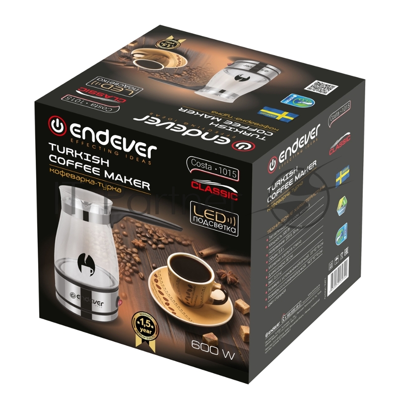 Кофеварка-турка электрическая Endever Costa-1015 цвет стальной, мощность 800 Вт, объем 0,4 л, корпус стекло, 36 шт/уп.