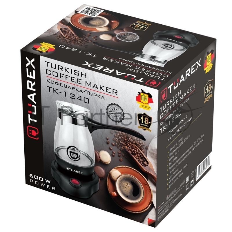 Кофеварка-турка Tuarex TK-1240 электрическая, цвет черный, мощность 600 Вт, объем 0,4 л, корпус стекло, 36 шт/уп.