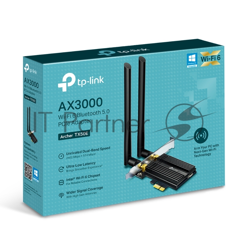 Адаптер 11AX 3000Mbps dual-band PCI-E adapter, 2402Mbps at 5G and 574Mbps at 2.4G, support Bluetooth 5.0, WPA2 encryption, two external Antennas.