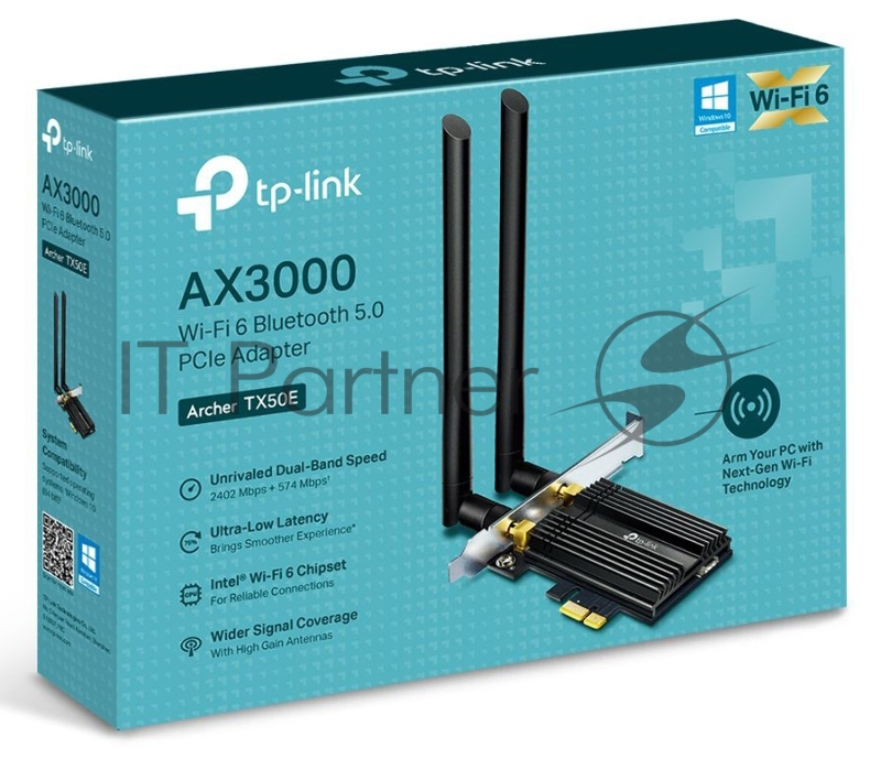 Адаптер 11AX 3000Mbps dual-band PCI-E adapter, 2402Mbps at 5G and 574Mbps at 2.4G, support Bluetooth 5.0, WPA2 encryption, two external Antennas.