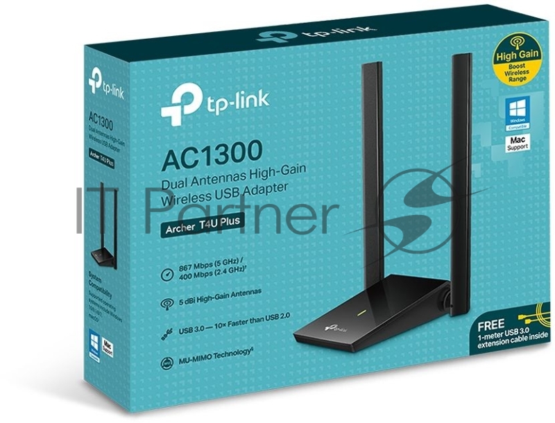 Адаптер TP-Link AC1300Mbps Dual-band High-Gain wireless USB adapter, 867Mbps at 5G and 400Mbps at 2.4G, two high gain antennas, USB 3.0, USB extension cable, support wave 2 MU-MIMO, full compatible with Windows and macOS.